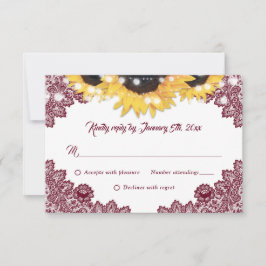 Burgunder-Sonnenblumen-Spitze-Jute-Herzen-Hochzeit RSVP Karte