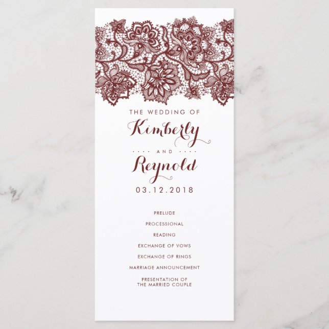 Burgunder Spitze Elegante Weiße Hochzeitsprogramme Programm (Vorderseite)