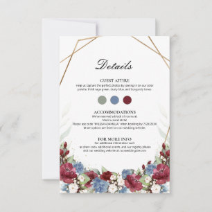 Burgunder staubblaue Floral-Hochzeitseinschubkarte