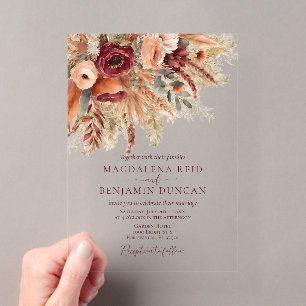Burgunder Terrakotta Blumen Pampasgras Hochzeit Acryleinladungen