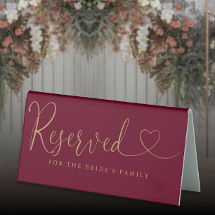 Burgunder und Gold Herz Schrift Hochzeit Reservier Tischaufsteller