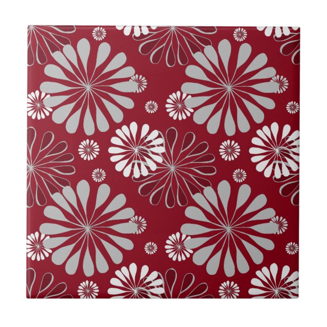 Burgunder und graues Blumenmuster Fliese (Vorderseite)