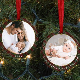 Burgunder- und Grünkariertes Foto Weihnachten Feie Keramik Ornament