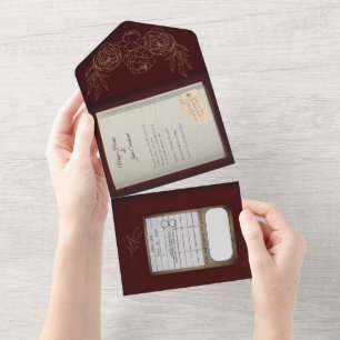 Burgunder Vergoldete Rosen Buch Hochzeitseinladung All In One Einladung
