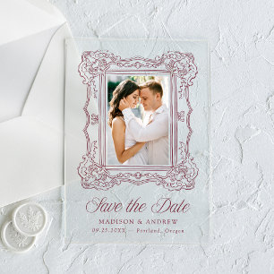 Burgunder Verzierte Rahmen Hochzeit Save the Date Acryleinladungen