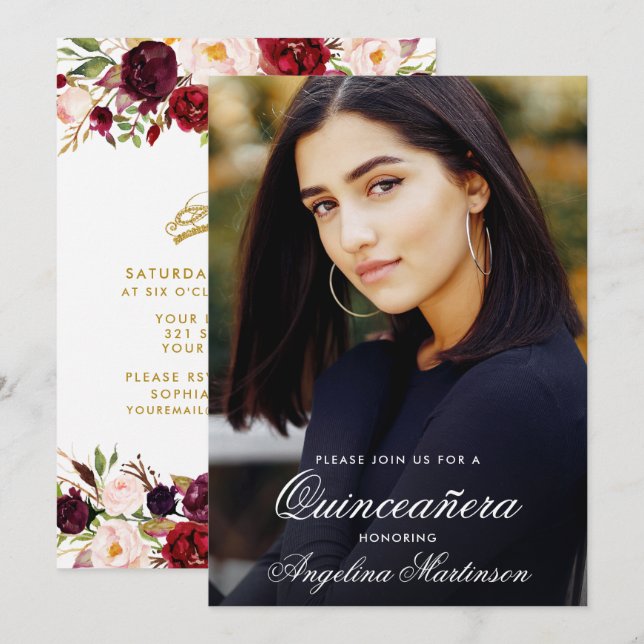 Burgunder Wasserfarbe Foto Quinceanera Einladung (Vorne/Hinten)