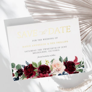 Burgunder-Wasserfarben-Blumen-Hochzeit-Save-the-Da Folie Einladungspostkarte