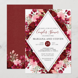 Burgunder-Wasserfarben-Blumen-Hochzeitspaar-Duschp Einladung