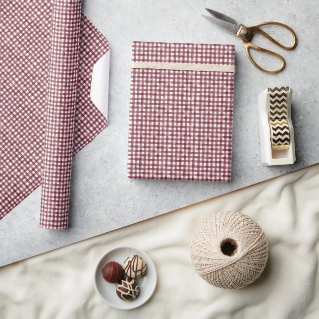 Burgunder-Wasserfarben-Gingham Geschenkpapier (Kunsthandwerk)