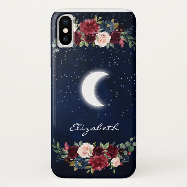 Burgunder Wasserfarbener floraler Himmelsmond Case-Mate iPhone Hülle (Rückseite)