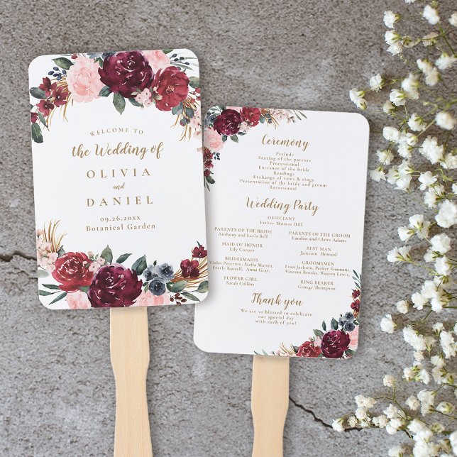 Burgunder Wasserfarbenflora Hochzeitsprogramm Fächer (Burgundy watercolor floral boho wedding program hand fan)