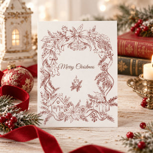 Burgunder-Weihnachts-Linienkunst Postkarte