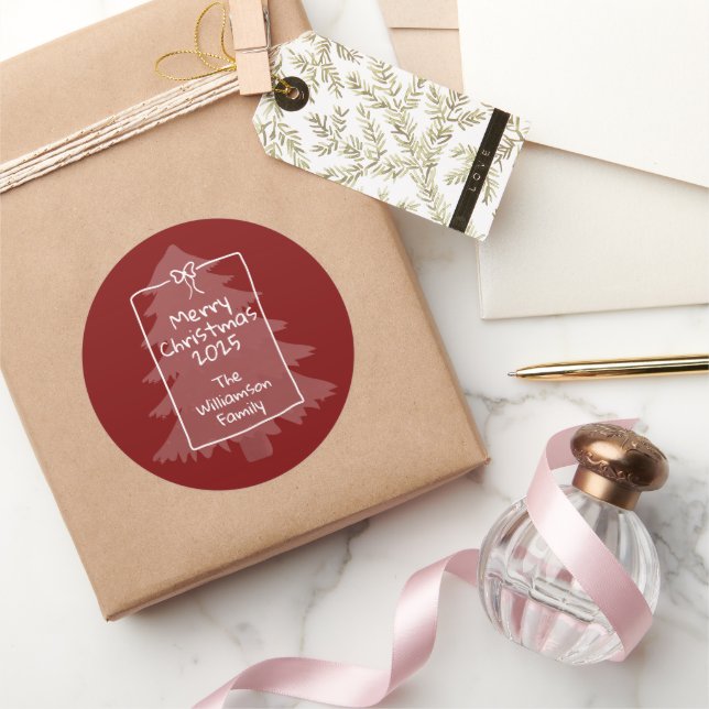 Burgunder-Weihnachtsbaum mit Doodle-Design  Runder Aufkleber (Schenken)