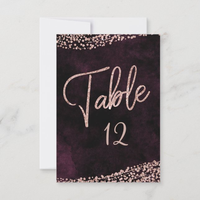 Burgunder Wein & Rose Gold Hochzeiten Tischnummern (Vorderseite)
