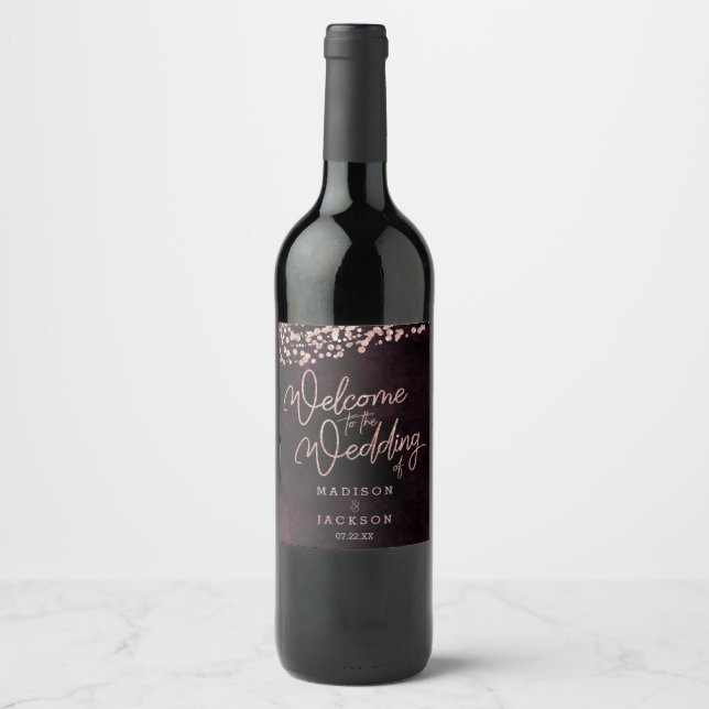 Burgunder Wein & Rose Goldene Hochzeit Willkommen Weinetikett (Vorderseite)