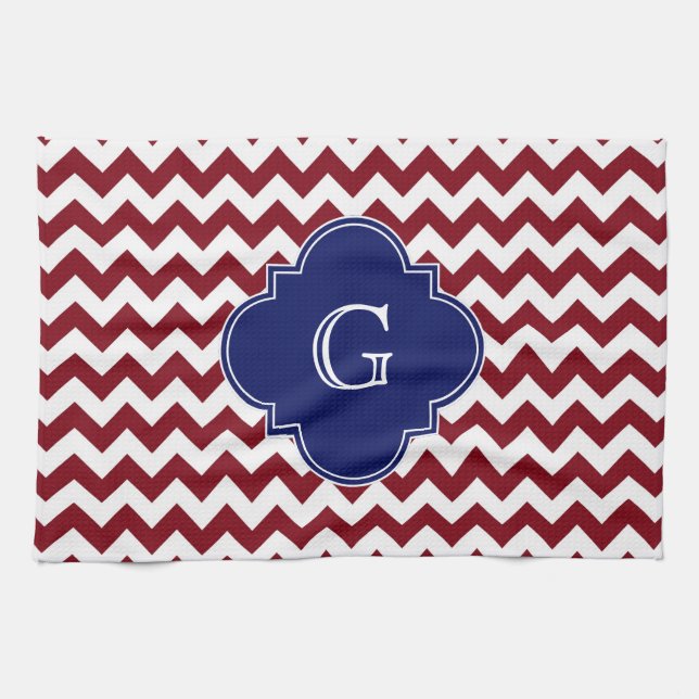 Burgunder Wein, weißes Zickzack Zig-Zag-Navy-Monog Geschirrtuch (Horizontal)