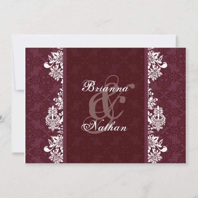 Burgunder Wein & White Damask Einladung Hochzeit (Vorderseite)