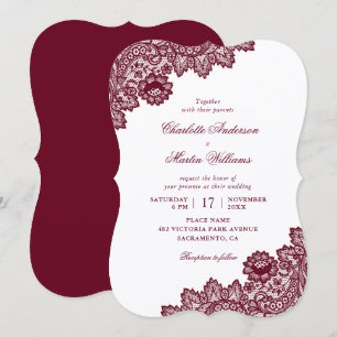 Burgunder Weiße Elegante Florale Spitze Hochzeit Einladung