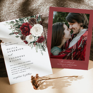 Burgunder Winter Blumen Foto Hintergrund Hochzeit Einladung