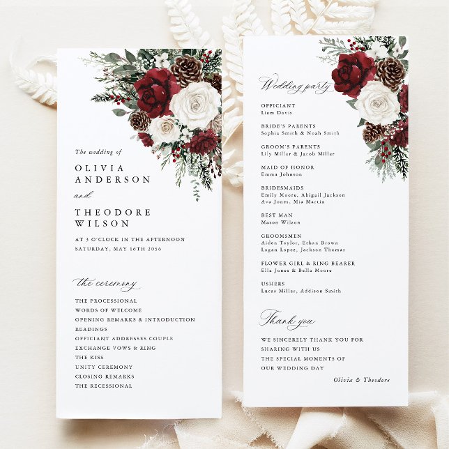 Burgunder Winterhochzeits- Blumenzeremonie-Program Programm (Burgundy winter floral wedding program card, pinecone ceremony program, elegant wedding party)