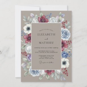 Burgunderblaue Blumenanordnung Hochzeit Einladung