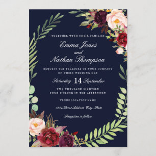 Burgunderblaue Blumenkranz-Hochzeitseinladung Einladung