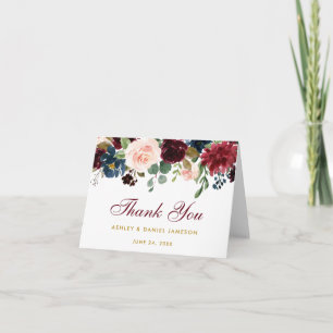 Burgunderblaue Florale Hochzeit Gold Vielen Dank N Dankeskarte