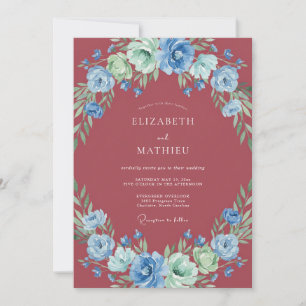 Burgunderblaue Wildblumenhochzeit Einladung