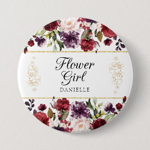 Burgunderbliss-BlumenBlumen-Mädchen-mit Monogramm Button