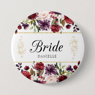 Burgunderbliss-reizende Blumenbraut-mit Monogramm Button