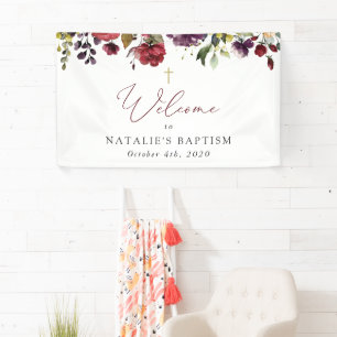Burgunderblumen, rosa Blumen, Taufe Willkommen Banner