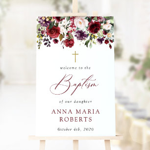 Burgunderblumen, rosa Blumen, Taufe Willkommen Poster