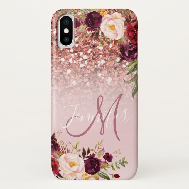BurgunderblumenRosen-GoldGlitzer-Glitzern-Name Case-Mate iPhone Hülle (Rückseite)