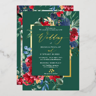 Burgundergrüne floral goldene Schriftfoto-Hochzeit Folieneinladung