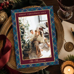 Burgunderkariertes Kranz-Monogramm-Foto-Weihnachte Feiertagskarte