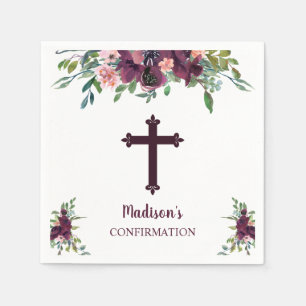 Burgunderkreuz Blumen-Aquarell Konfirmation Serviette