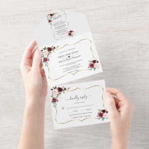 Burgunderrosa Blumen Goldrahmen Hochzeit  All In One Einladung