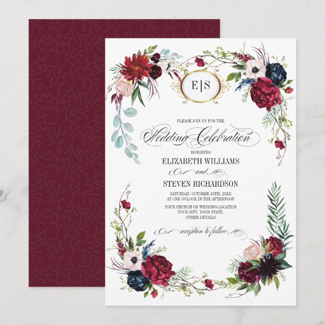 Burgunderrot | Blau |Marsala Floral Watercolor Wed Einladung (Vorne/Hinten)