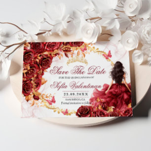 Burgunderrot-goldene Floral-Quinceanera Save The Date