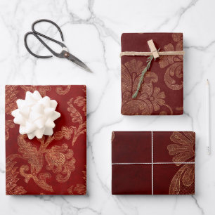 Burgunderrot-goldener Damast-Weihnachten Geschenkpapier Set