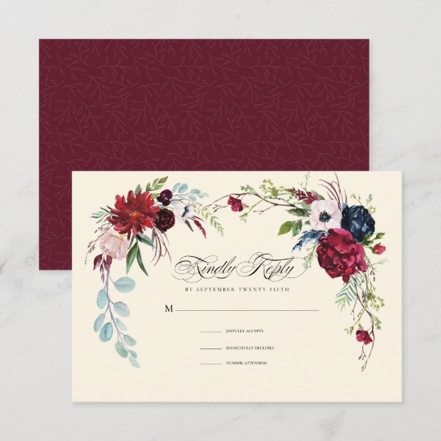 Burgunderrot | Navy Blue Floral Wedding RSVP Card Einladung (Vorne/Hinten)