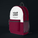 Burgunderrot | Personalisiertes Firmenlogo und Tex Bedruckter Rucksack<br><div class="desc">Burgund und Weiß | Personalisiertes Firmenlogo und beruflich druckter Textrücksatz</div>