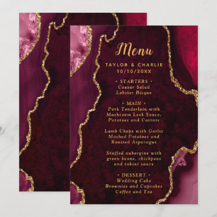 Burgunderrot und Gold Achat Hochzeitsmenü Menükarte
