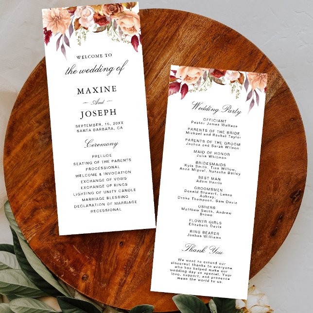 Burgunderrote Aquarell-Blumenhochzeit Programm (Personalized burgundy floral wedding program elegantly guides guests through your ceremony.)