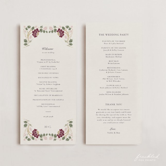 Burgunderrote Art Nouveau Hochzeit Programm (Burgundy floral Art Nouveau Wedding Program)