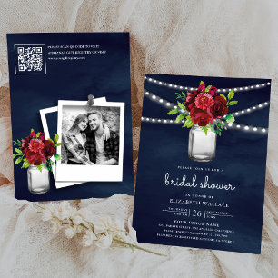 Burgunderrote Blumen Navy QR-Code Brautparty Einladung