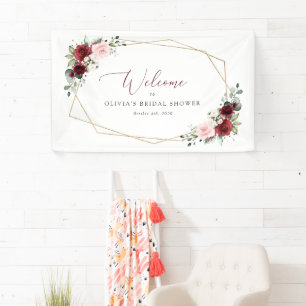 Burgunderrote Blumen, rosa Blumen, Hochzeitsbegrüß Banner