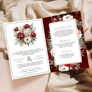 Burgunderrote Blush-Pink-Blumen-Hochzeit All-in-On Einladung