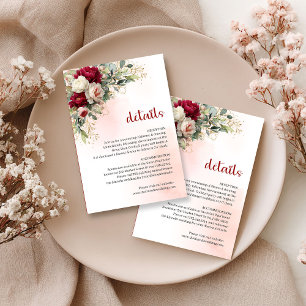 Burgunderrote Blüten Grün Gold Hochzeitsinformatio Begleitkarte