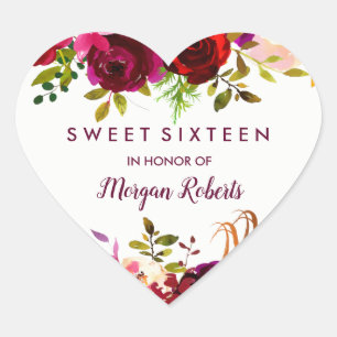 Burgunderrote Boho-Blumen-Sweet-Sixteen-16-Geburts Herz-Aufkleber